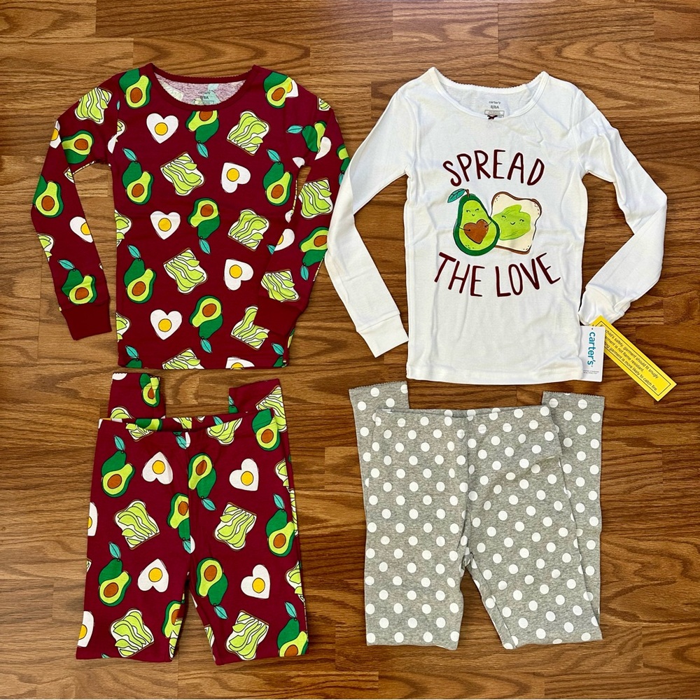 Carter’s 4pc 100% Cotton Pajamas Set Girls 8 8A Long Sleeve Pants Avocado NWT!